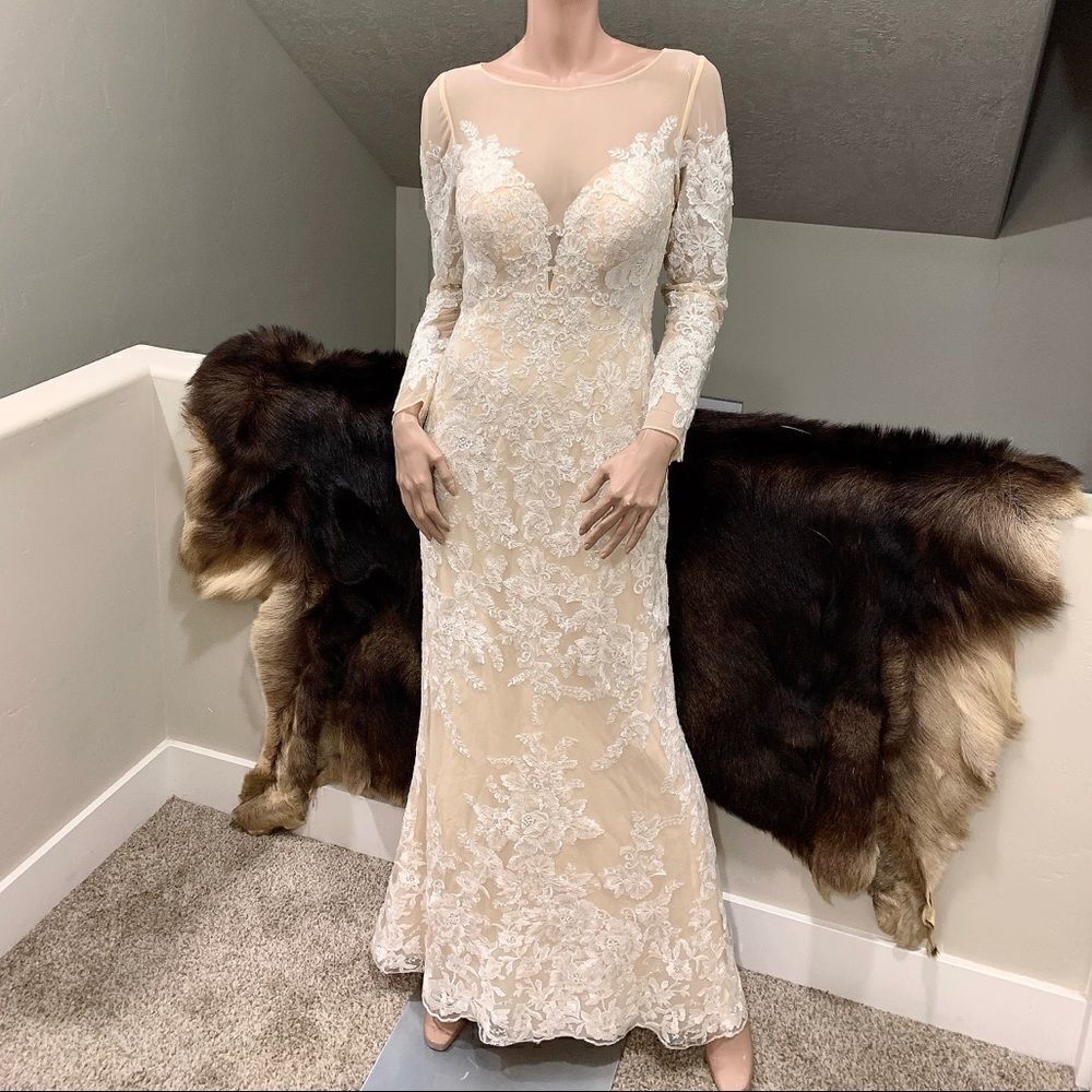 Custom Long Sleeves Embroidered Floral Lace With Sequins and Crystal Beads Gown
